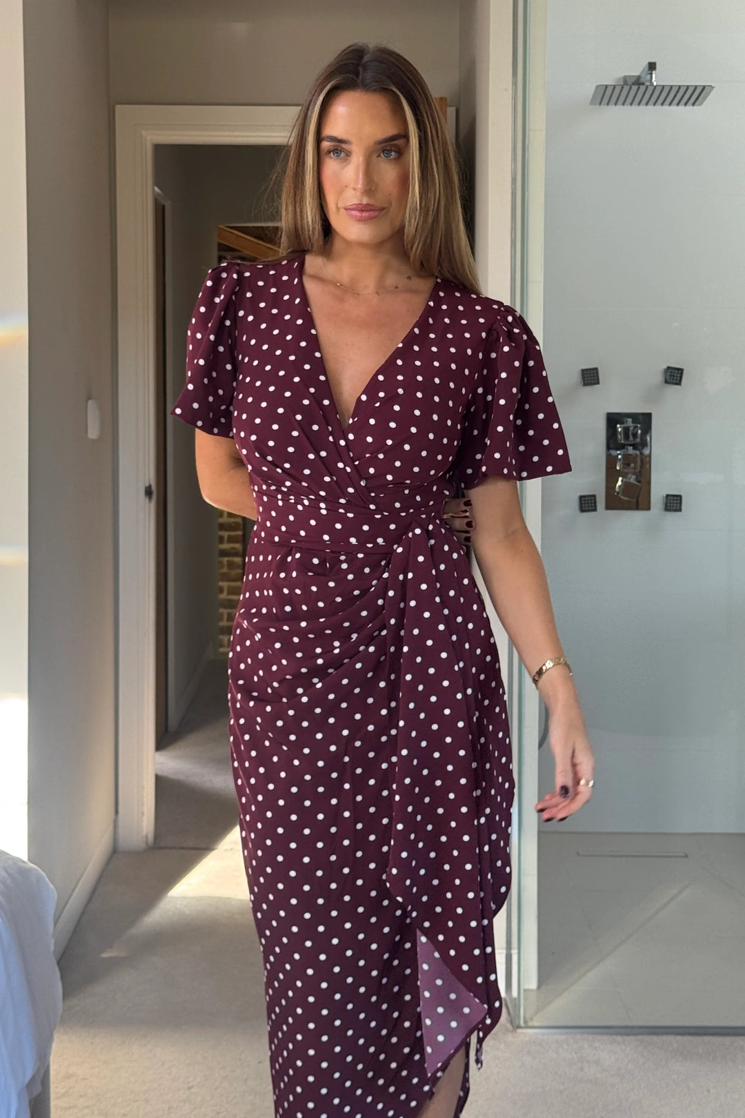 Drew Burgundy Polkadot Wrap Short Puff Sleeve Satin Midi Dress (PRE-ORDER TO SHIP 9TH OCT)