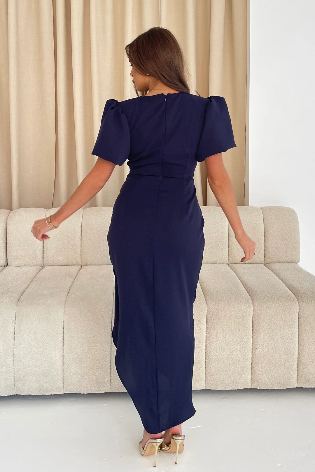 Drew Navy Wrap Short Puff Sleeve Maxi Dress