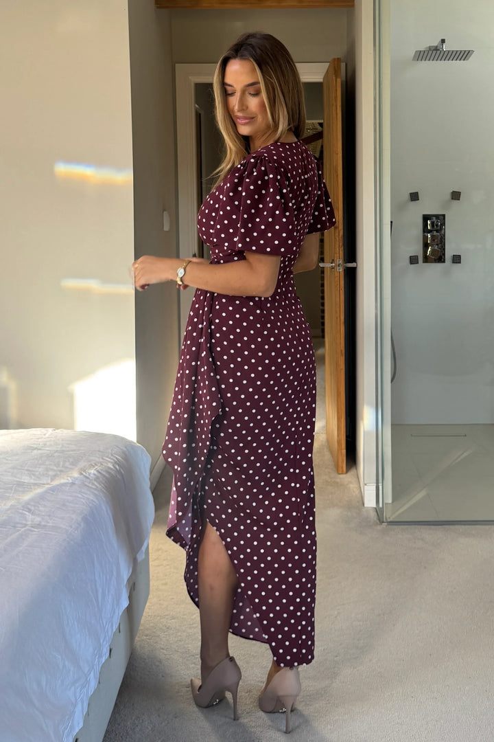Drew Burgundy Polkadot Wrap Short Puff Sleeve Satin Midi Dress (PRE-ORDER TO SHIP 9TH OCT)