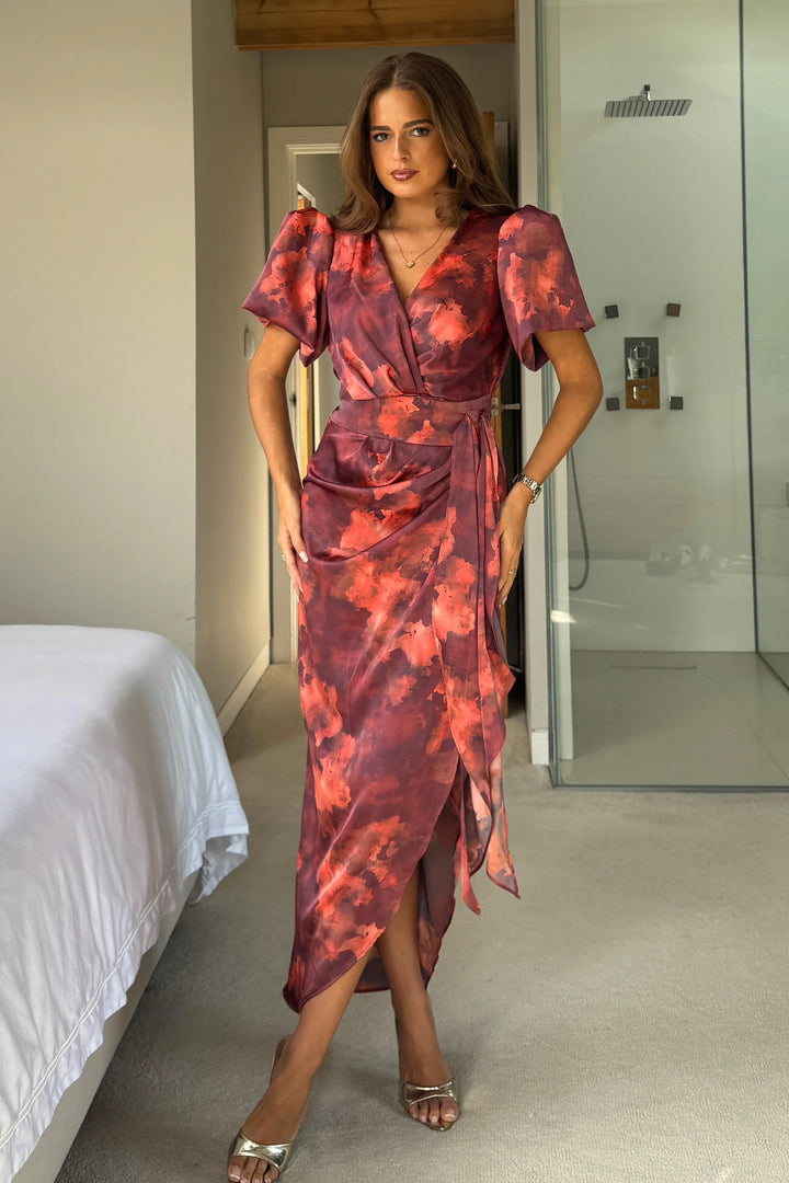 Drew Burgundy and Orange Marble Wrap Short Puff Sleeve Satin Midi Dress