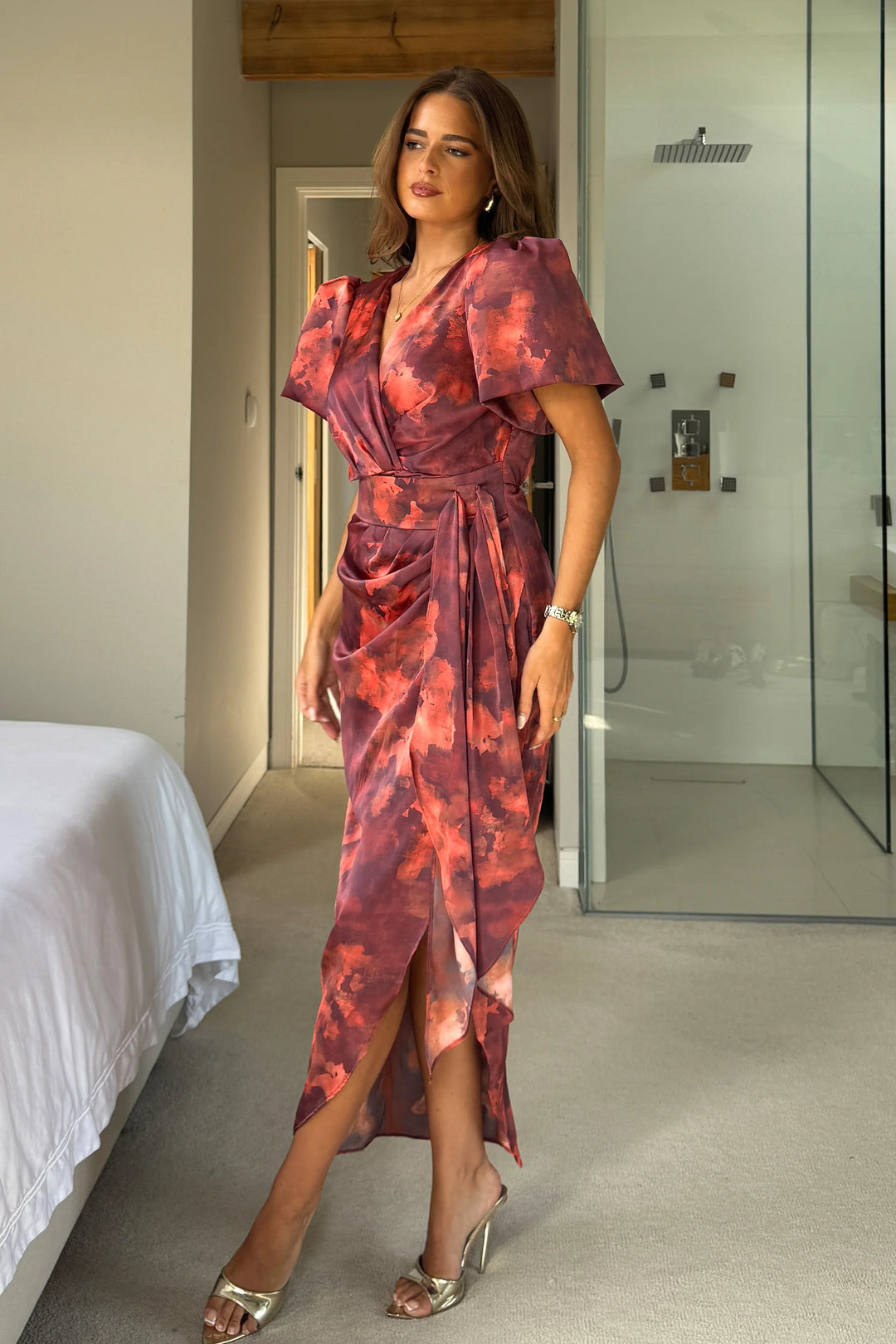 Drew Burgundy and Orange Marble Wrap Short Puff Sleeve Satin Midi Dress