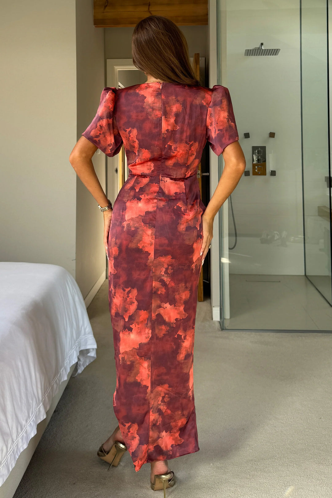 Drew Burgundy and Orange Marble Wrap Short Puff Sleeve Satin Midi Dress
