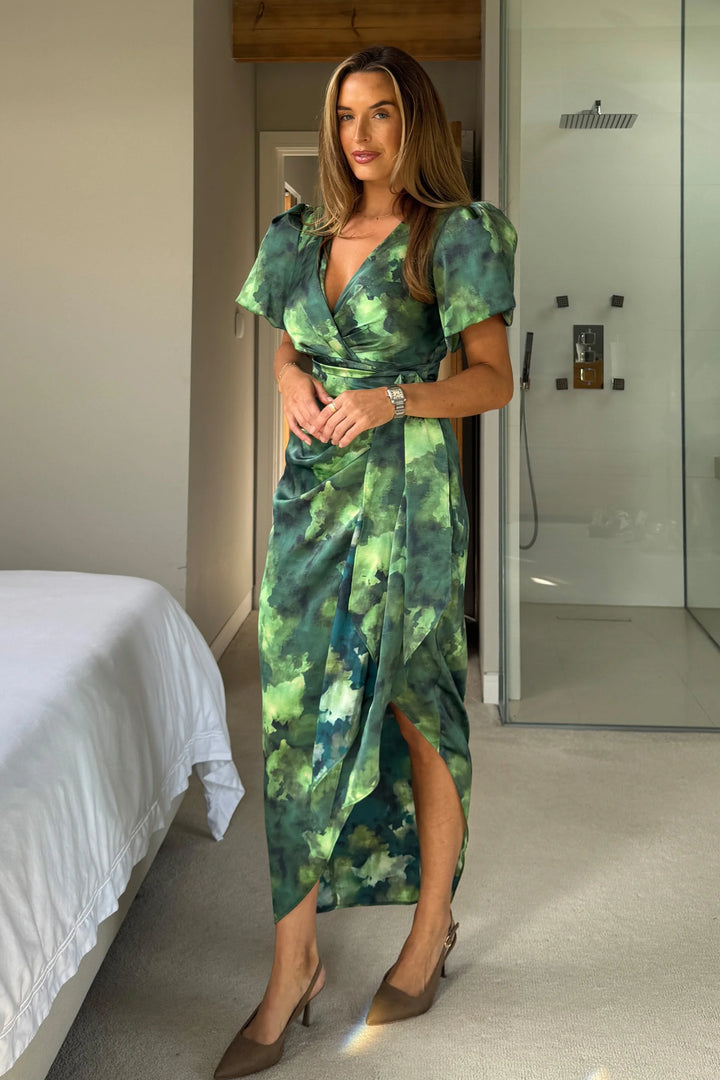 Drew Green Marble Wrap Short Puff Sleeve Midi Dress