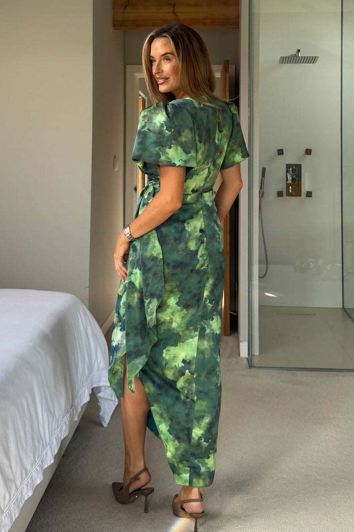 Drew Green Marble Wrap Short Puff Sleeve Midi Dress