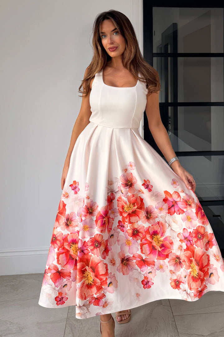 Erica Orange Floral Square Neck Sleeveless Pleated Midi Dress