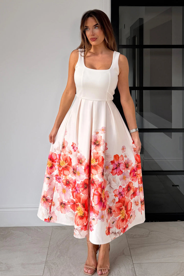 Erica Orange Floral Square Neck Sleeveless Pleated Midi Dress