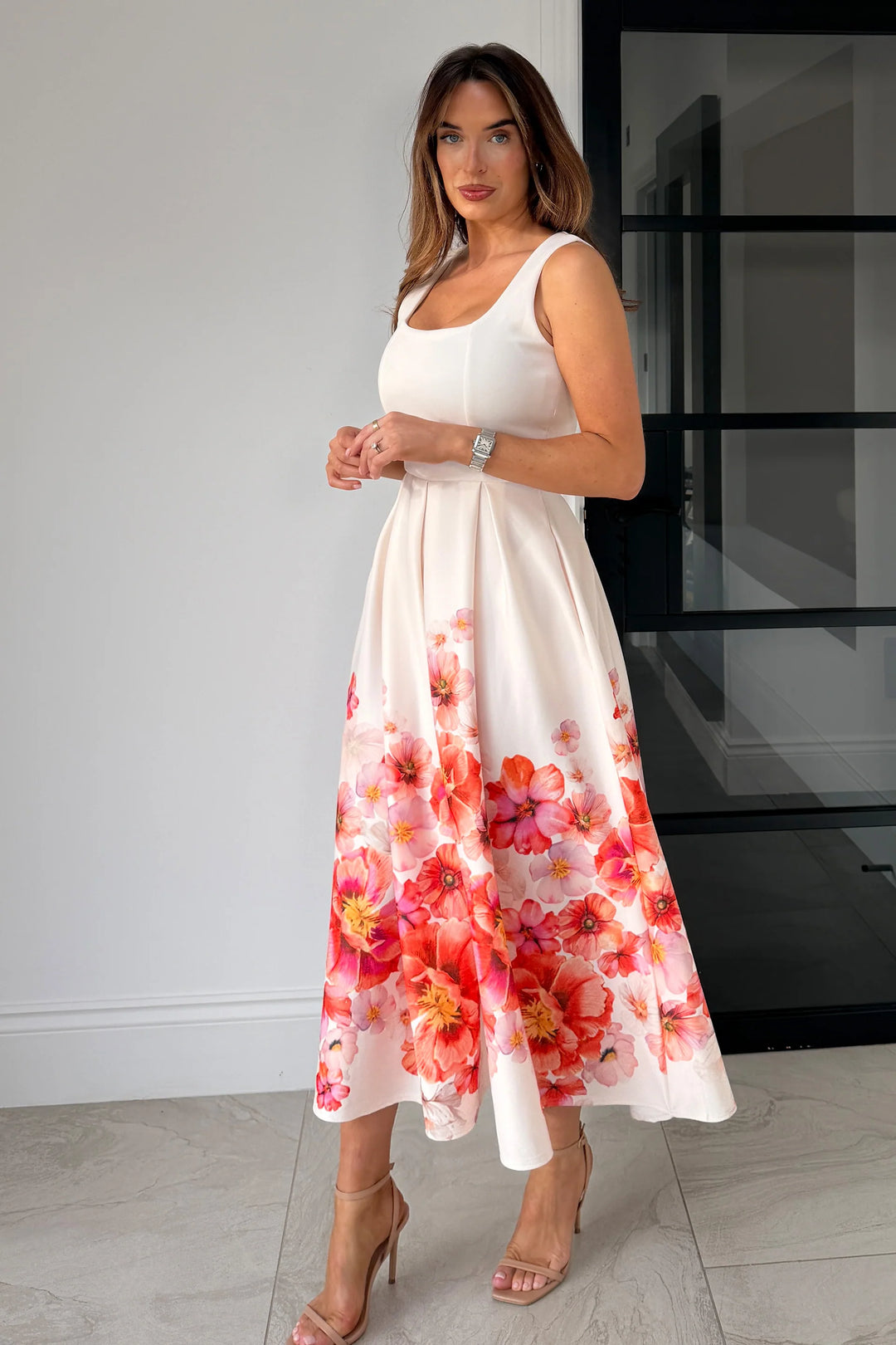 Erica Orange Floral Square Neck Sleeveless Pleated Midi Dress