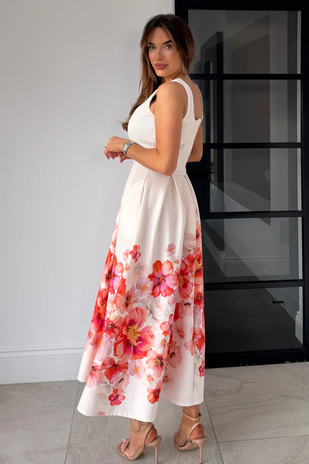 Erica Orange Floral Square Neck Sleeveless Pleated Midi Dress