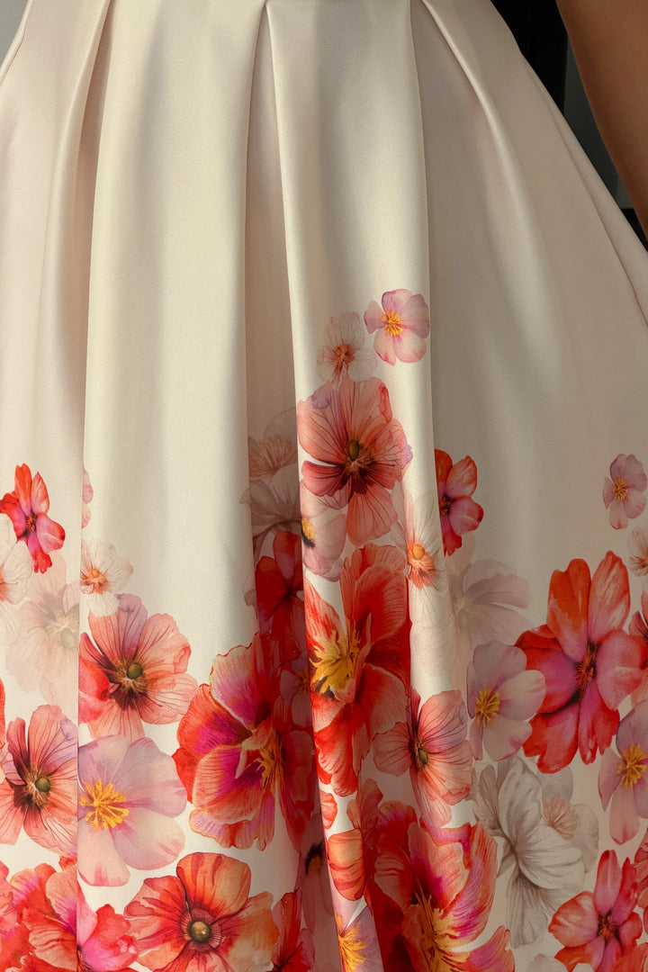 Erica Orange Floral Square Neck Sleeveless Pleated Midi Dress