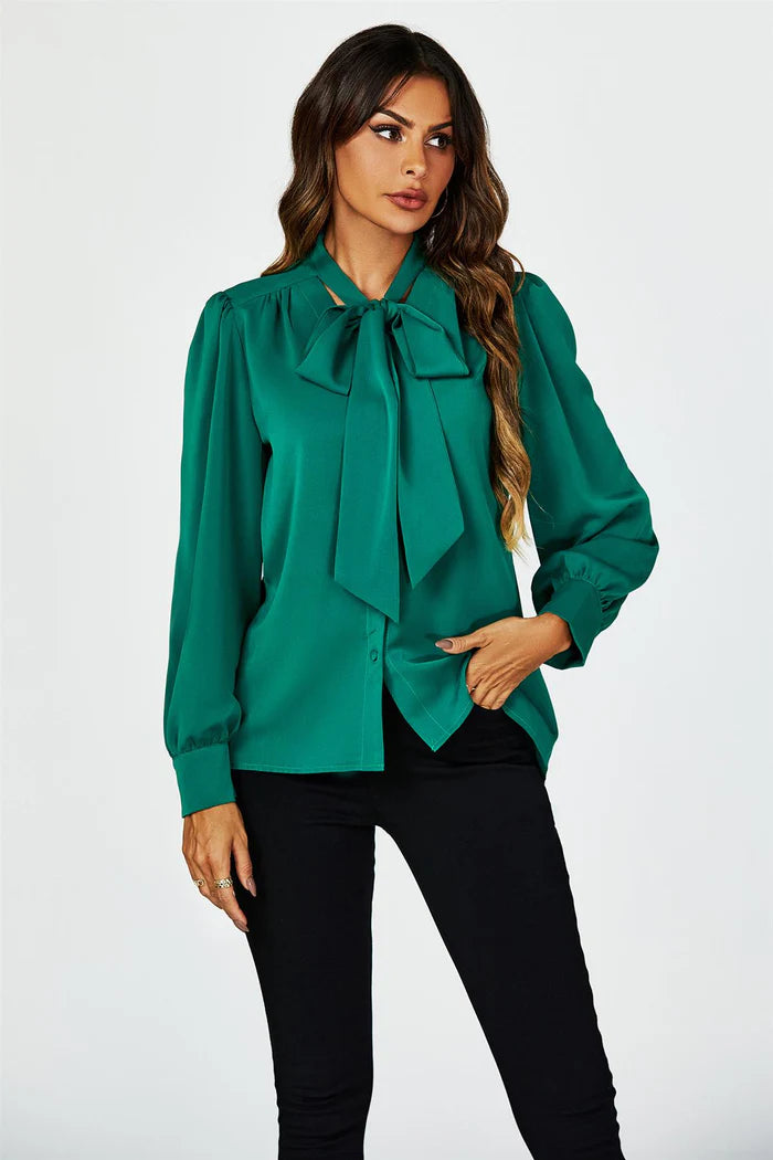 Emerald City Green Tie Detail long sleeve Blouse Top