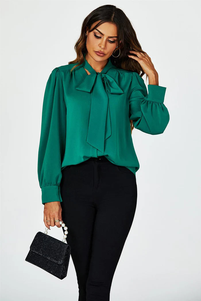 Emerald City Green Tie Detail long sleeve Blouse Top | LittleMadam Emerald City Green Tie Detail long sleeve Blouse Top | LittleMadam