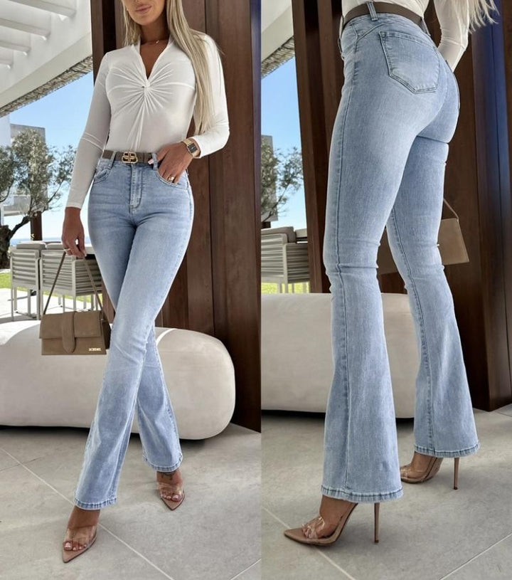 Katie Super Stretchy Light Blue Denim Fitted Flared Hem Push Up High Waist Jeans