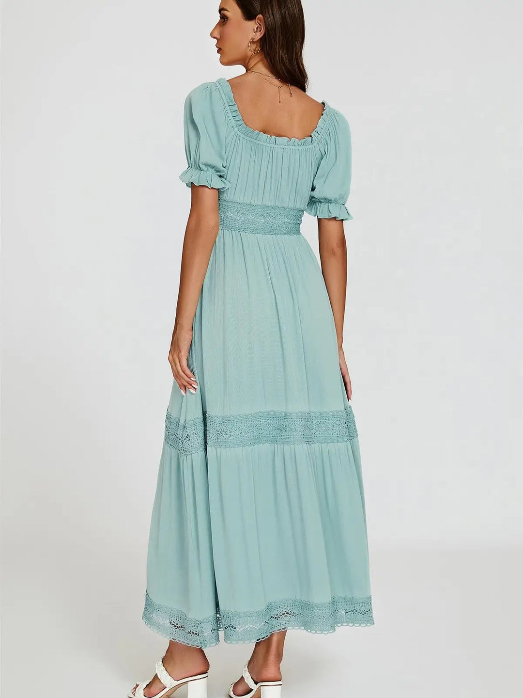 Ophelia Duckegg Blue Boho Lace Short Sleeve Maxi Dress