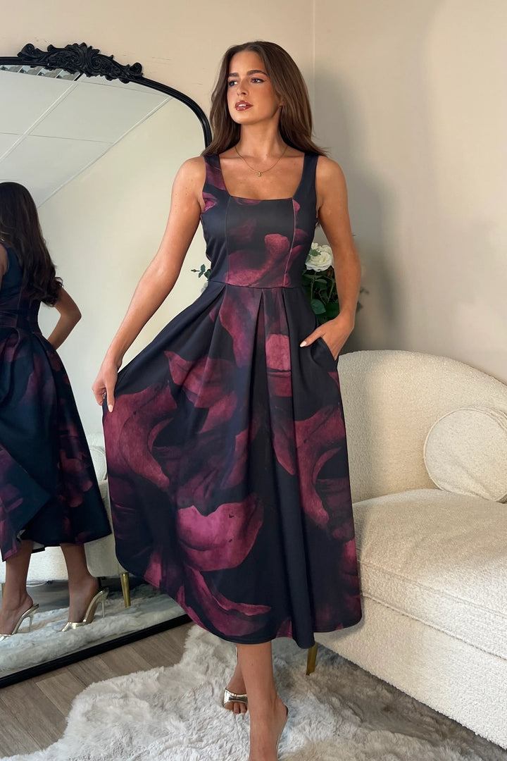Erica Burgundy Floral Square Neck Sleeveless Pleated Midi Dress