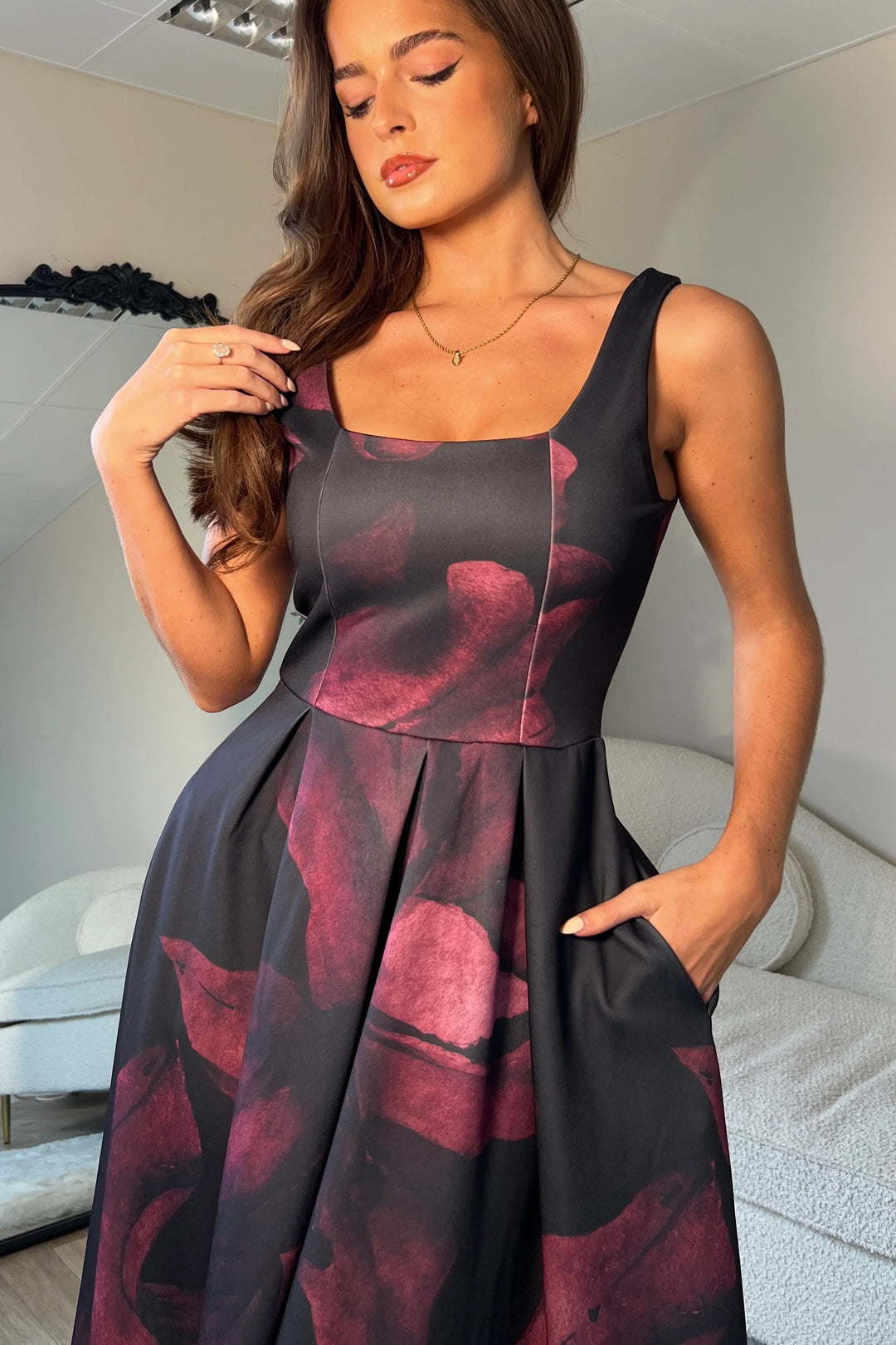 Erica Burgundy Floral Square Neck Sleeveless Pleated Midi Dress