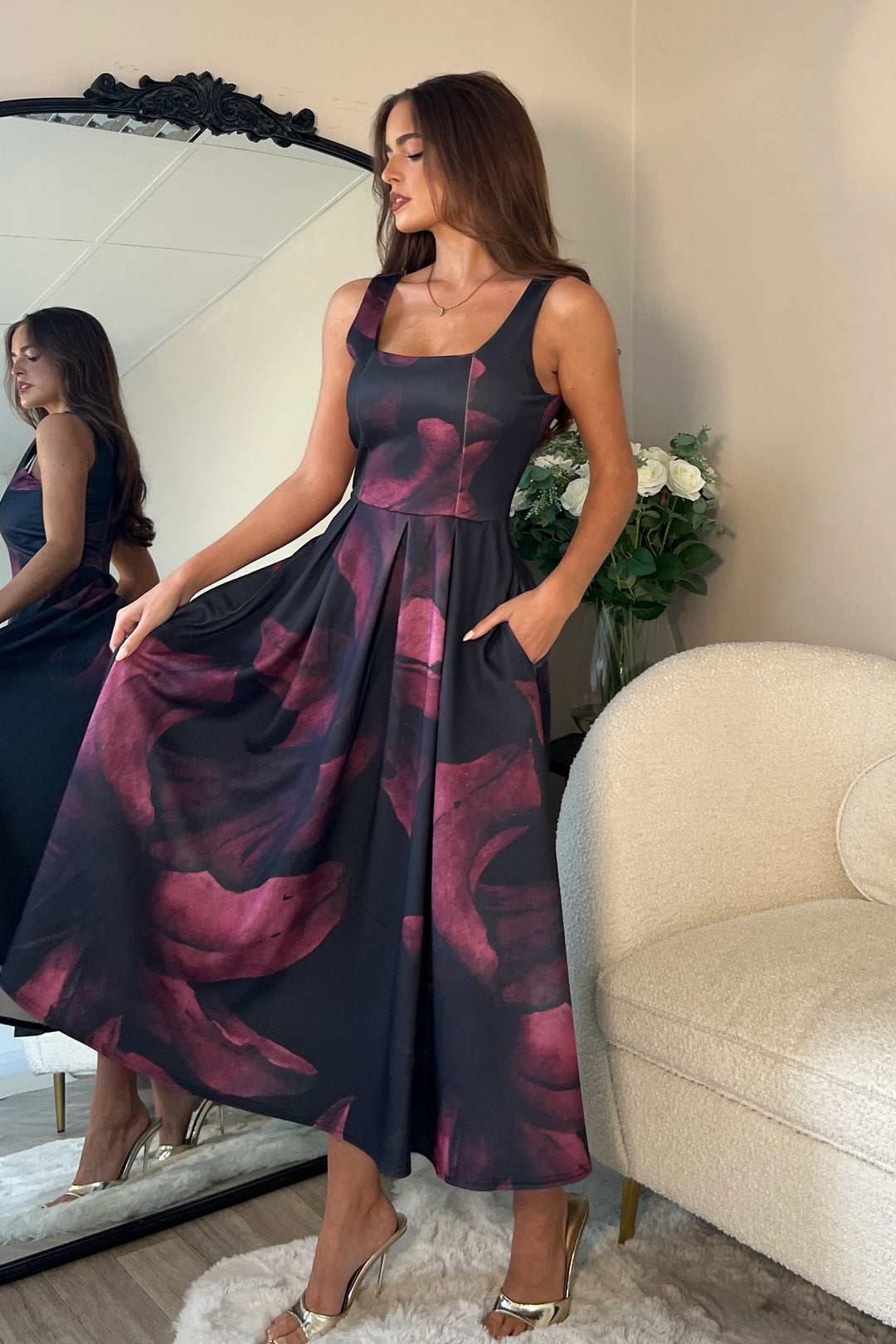 Erica Burgundy Floral Square Neck Sleeveless Pleated Midi Dress