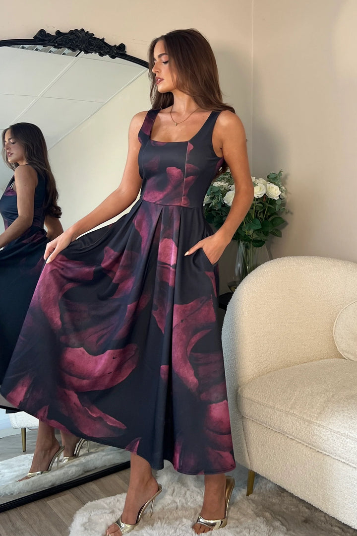 Erica Burgundy Floral Square Neck Sleeveless Pleated Midi Dress