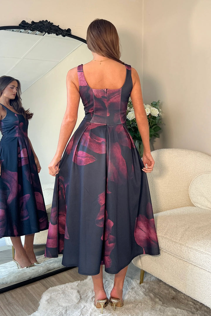 Erica Burgundy Floral Square Neck Sleeveless Pleated Midi Dress