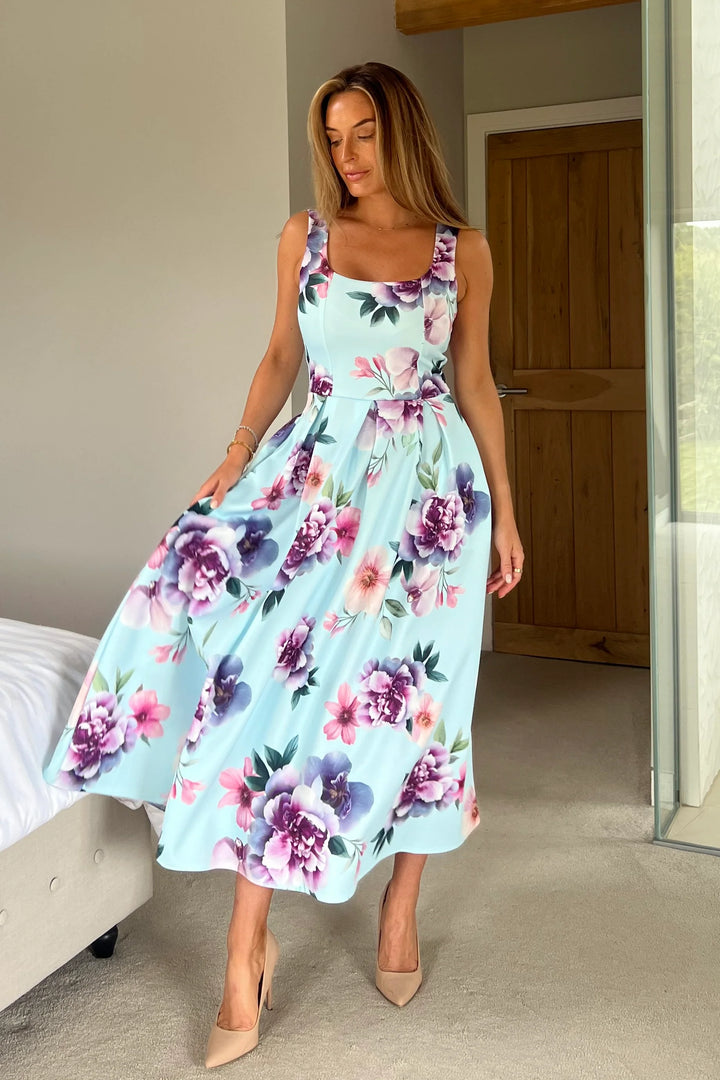 Erica Blue Floral Square Neck Pleated Midi Dress