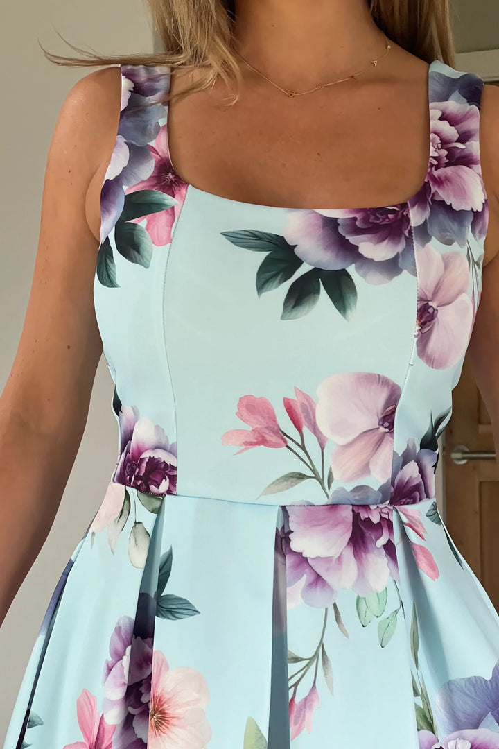 Erica Blue Floral Square Neck Pleated Midi Dress