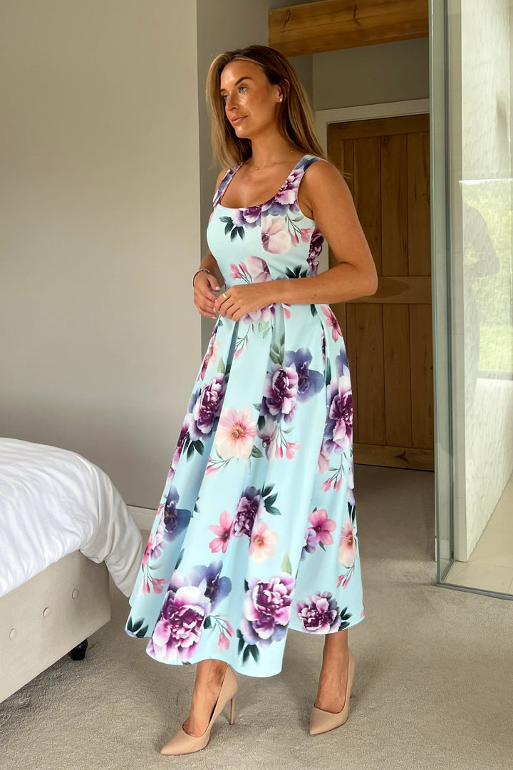 Erica Blue Floral Square Neck Pleated Midi Dress