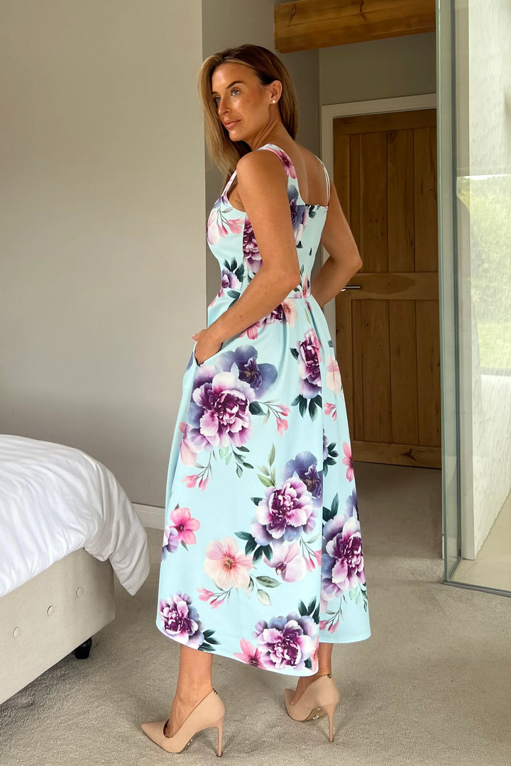 Erica Blue Floral Square Neck Pleated Midi Dress