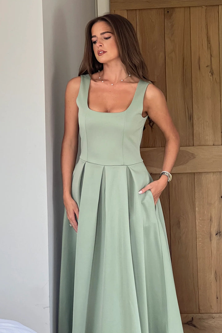 Erica Sage Square Neck Pleated Midi Dress
