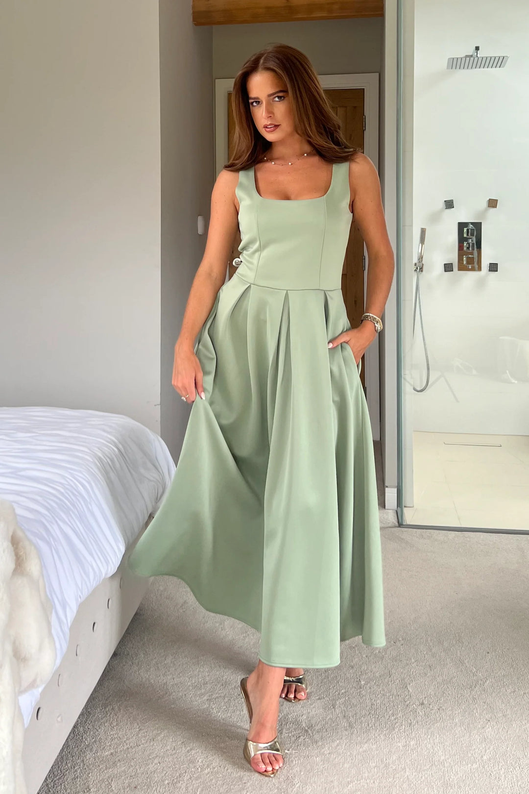 Erica Sage Square Neck Pleated Midi Dress