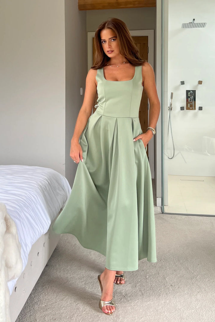 Erica Sage Square Neck Pleated Midi Dress
