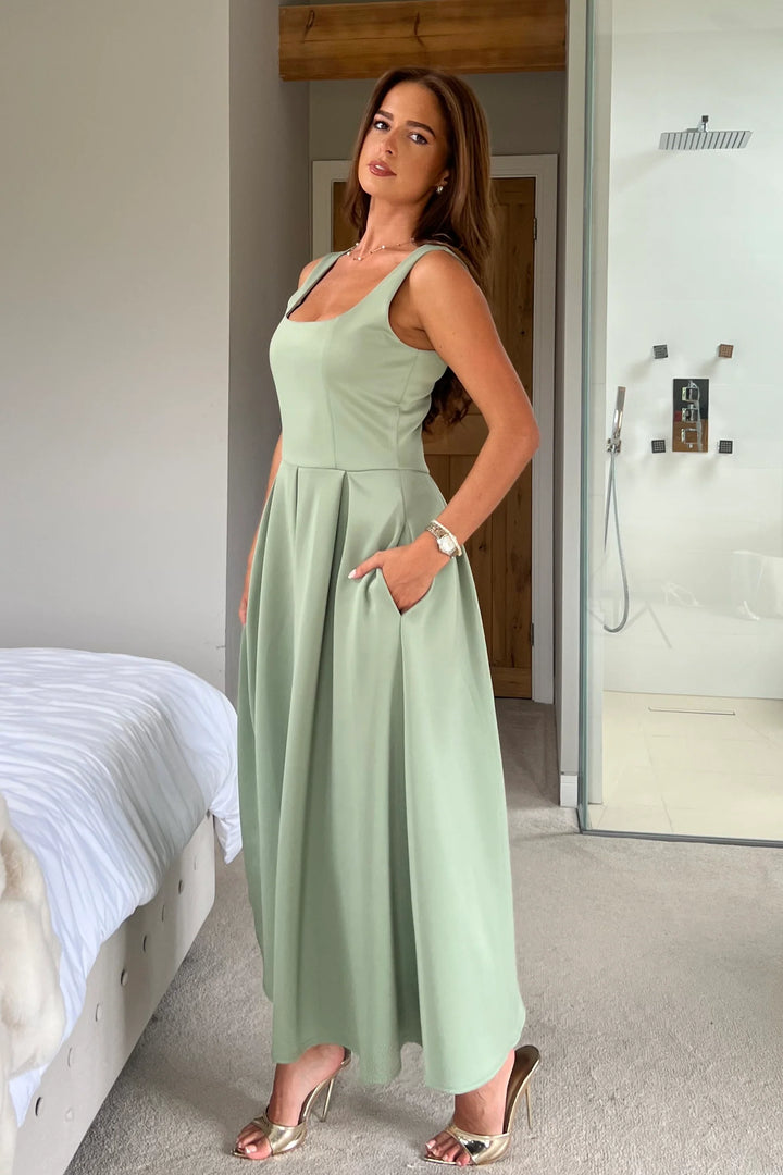 Erica Sage Square Neck Pleated Midi Dress