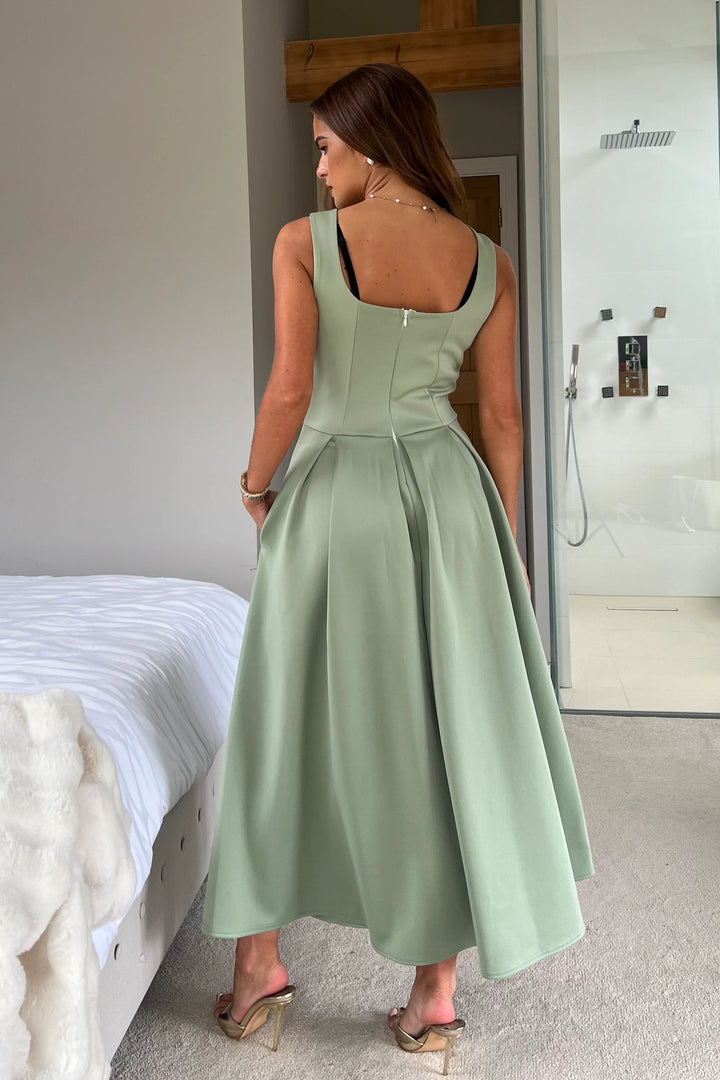 Erica Sage Square Neck Pleated Midi Dress