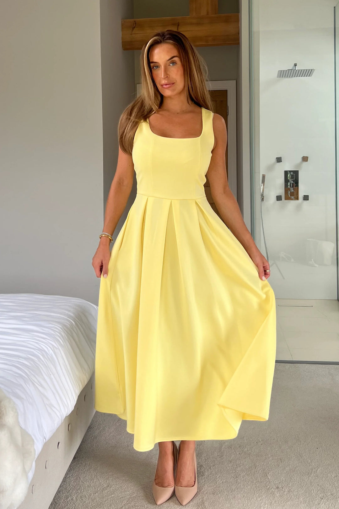 Erica Square Neck Pleated Midi Dress Yellow | LittleMadam Erica Square Neck Pleated Midi Dress Yellow | LittleMadam