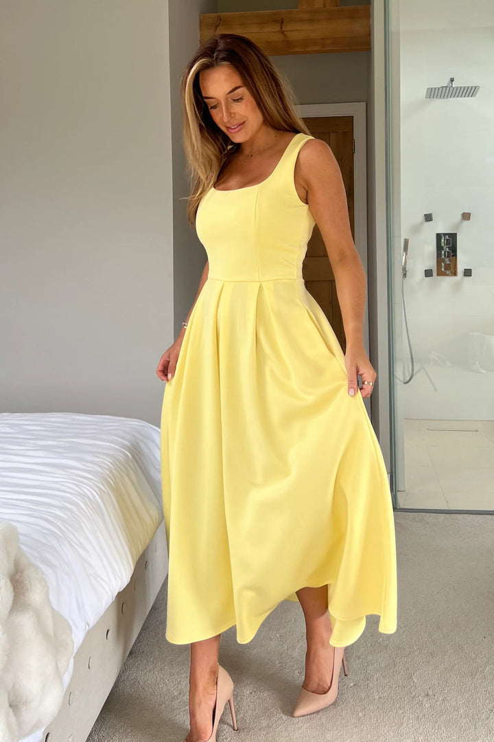 Erica Yellow Square Neck Pleated Midi Dress