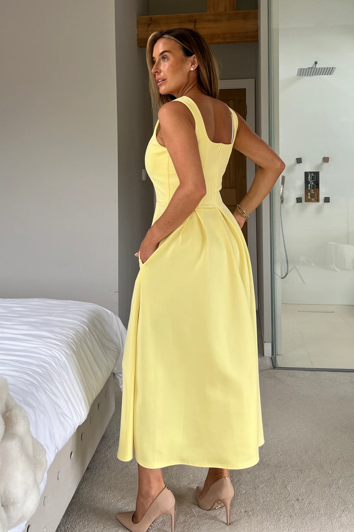 Erica Yellow Square Neck Pleated Midi Dress