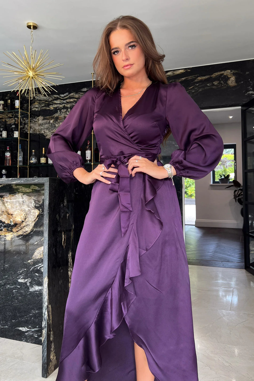 Erin Purple Long Sleeve Split Hem Frill Detail Maxi Dress