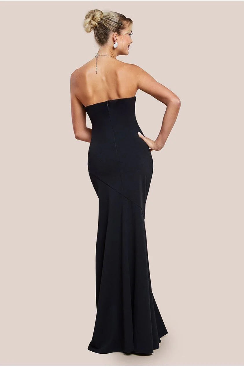 Evangeline Black Bandeau Bodycon Maxi Dress With Removable Diamante Necklace & Fishtail Hem