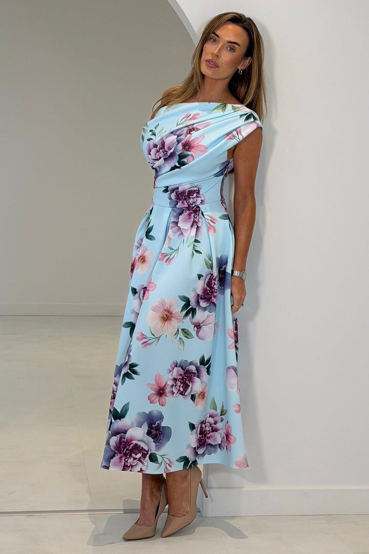 Betty Blue & Lilac Floral Asymmetric Neckline Skater Midi Dress With Pockets