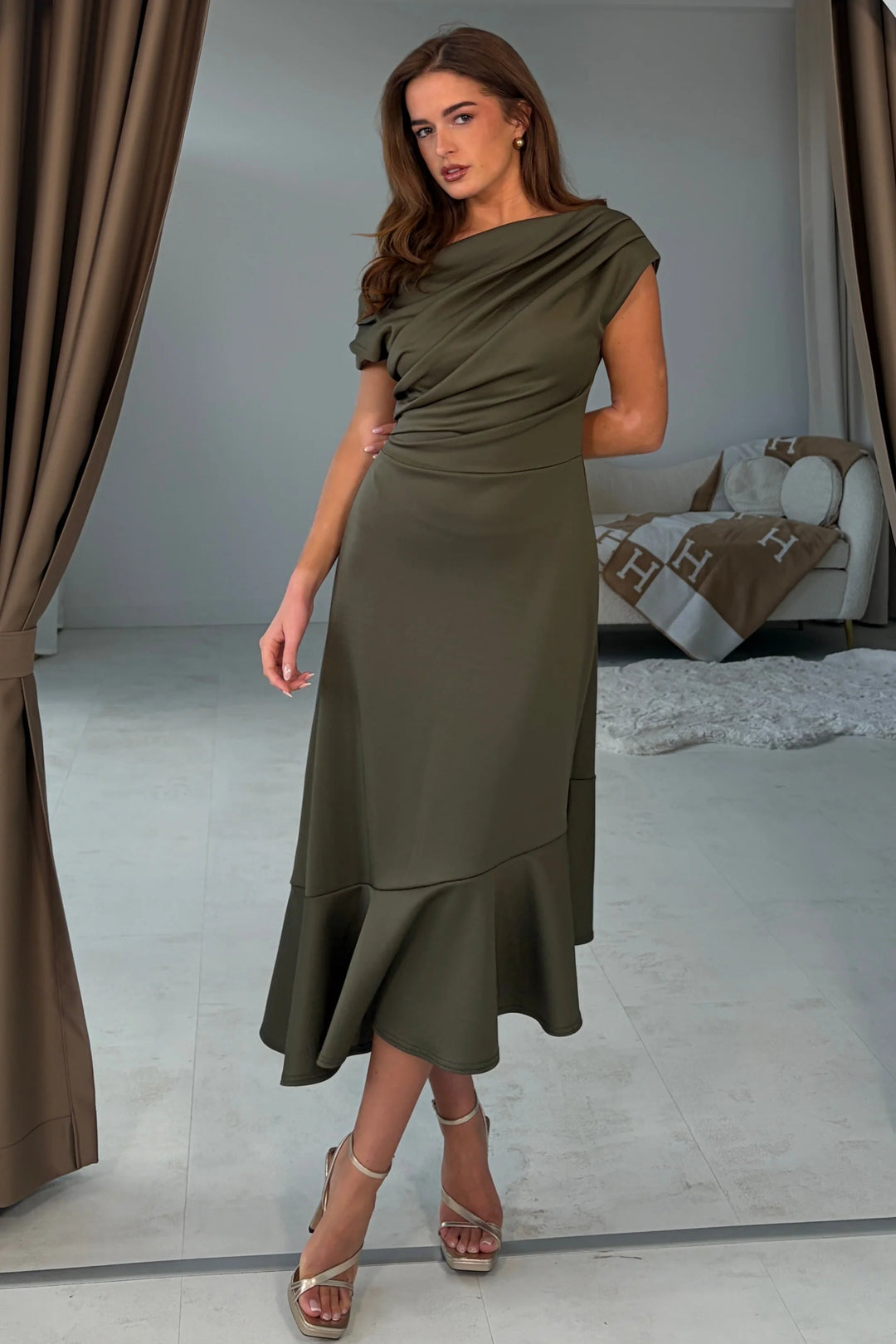 Felicity Khaki Asymmetric Frill Midi Dress
