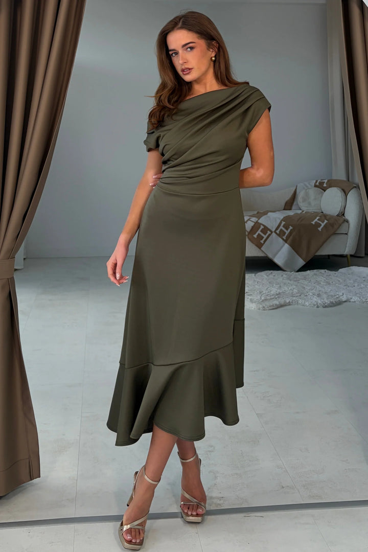 Felicity Khaki Asymmetric Frill Midi Dress