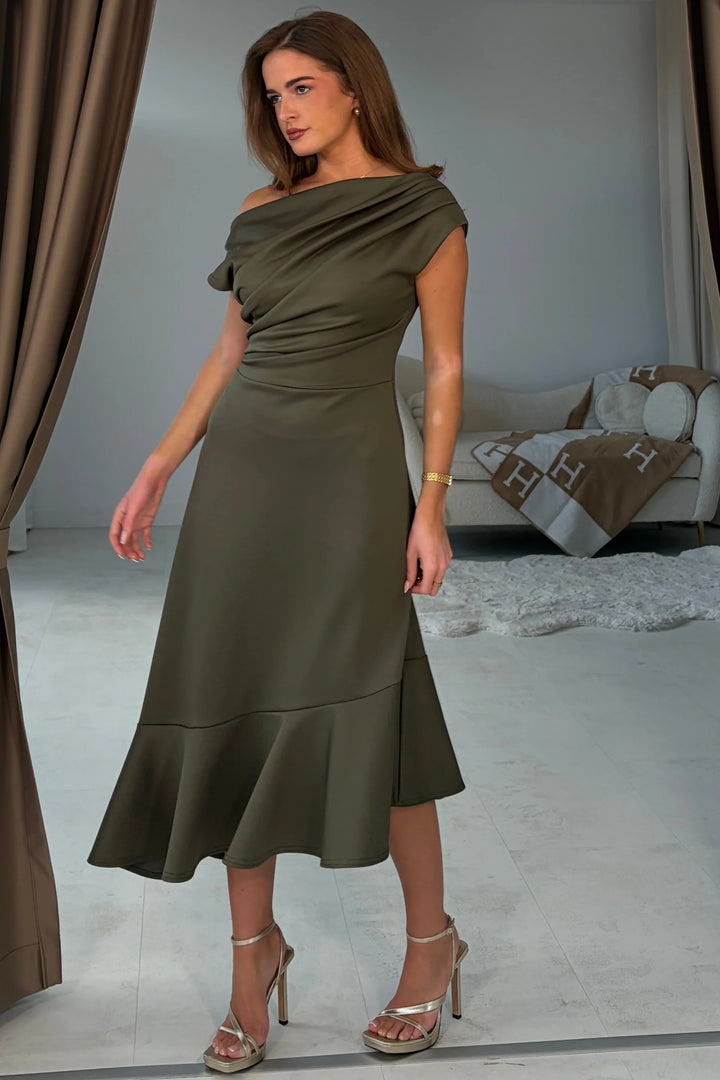 Felicity Khaki Asymmetric Frill Midi Dress