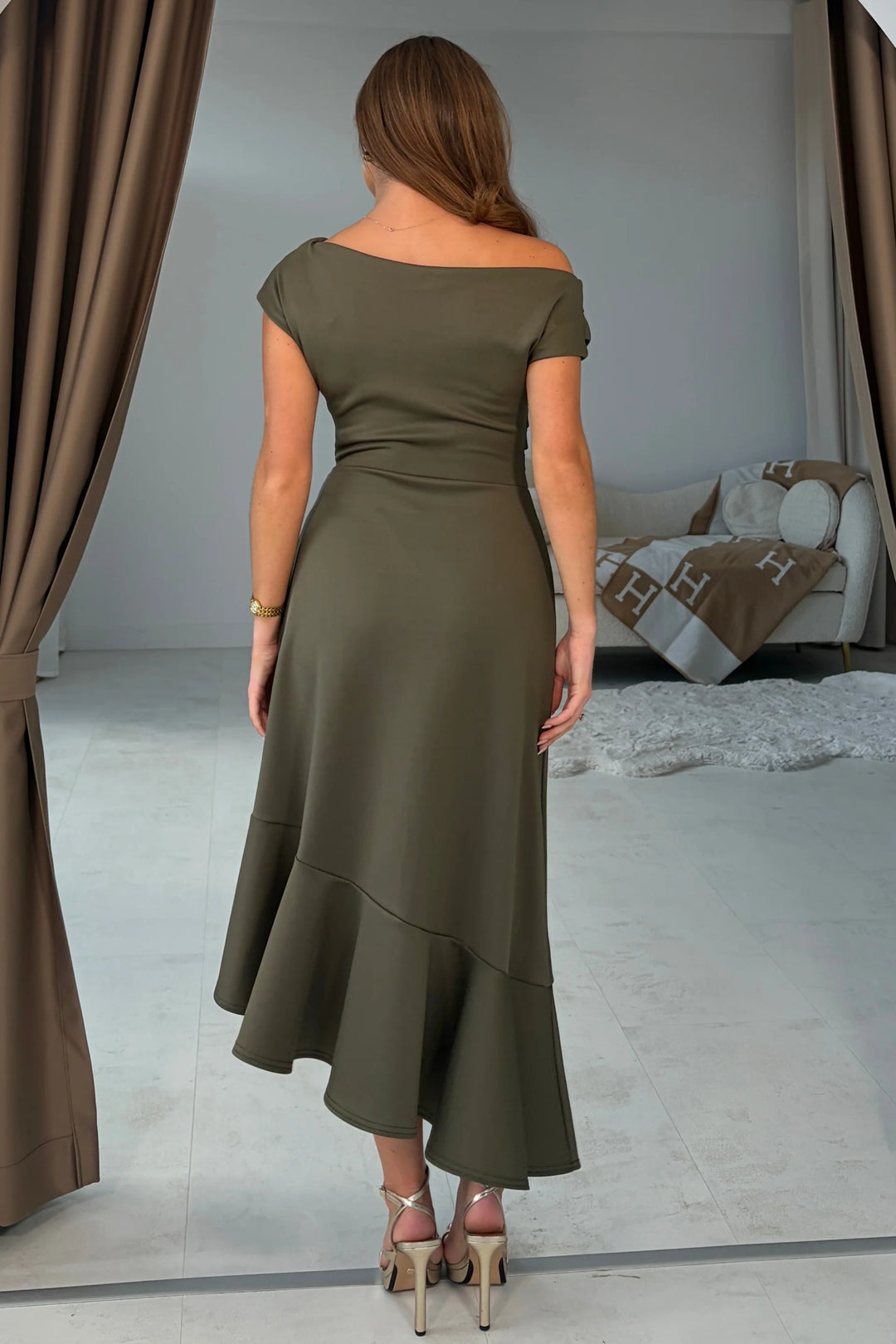 Felicity Khaki Asymmetric Frill Midi Dress