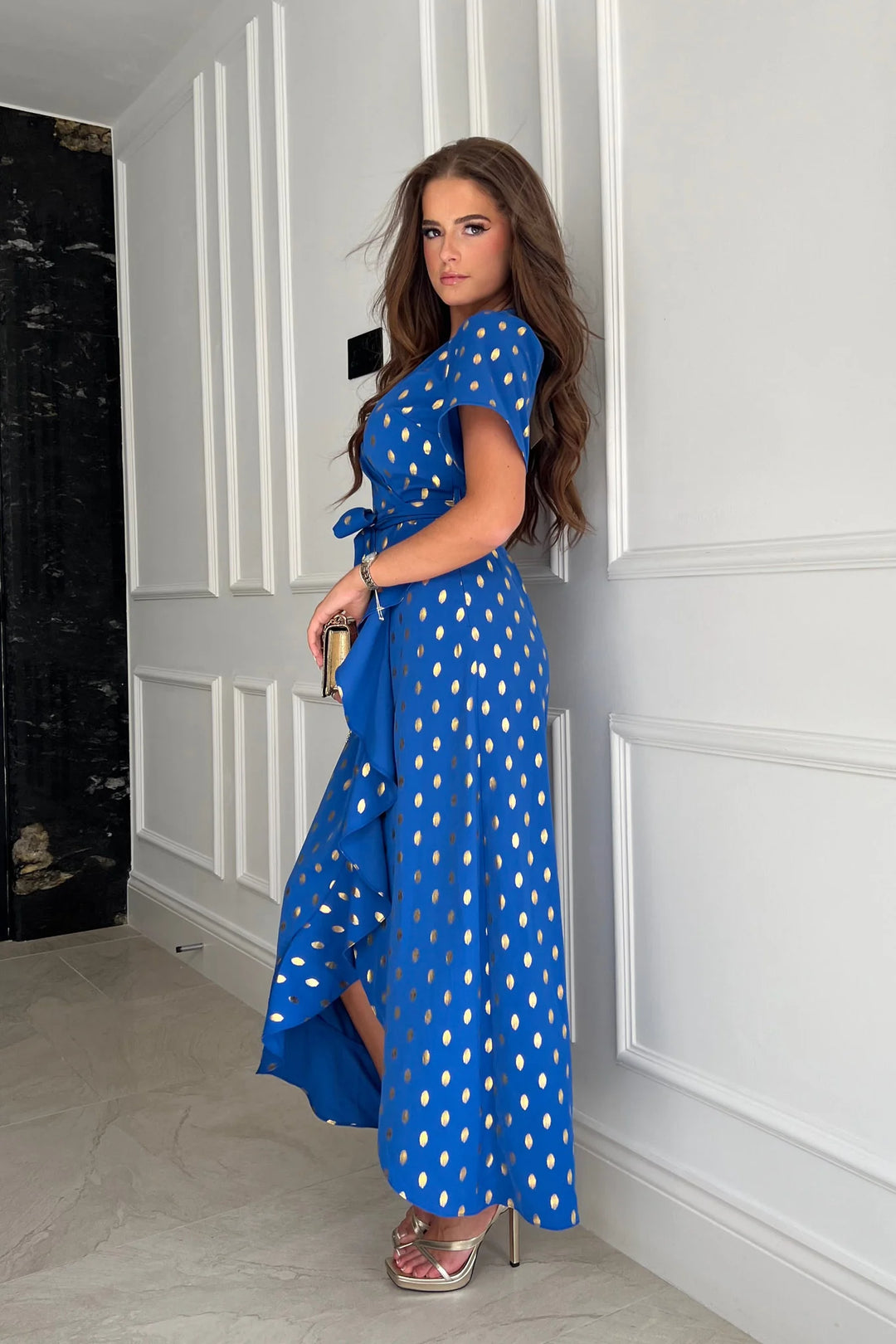 blue foil dress Halter Tier Mini Dress