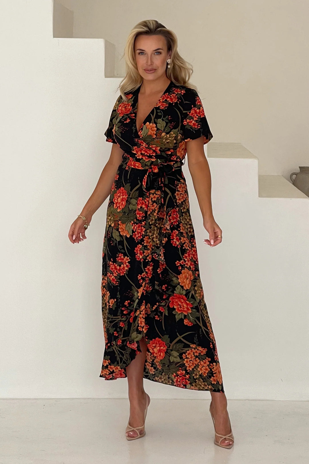 Orange floral maxi dress sales