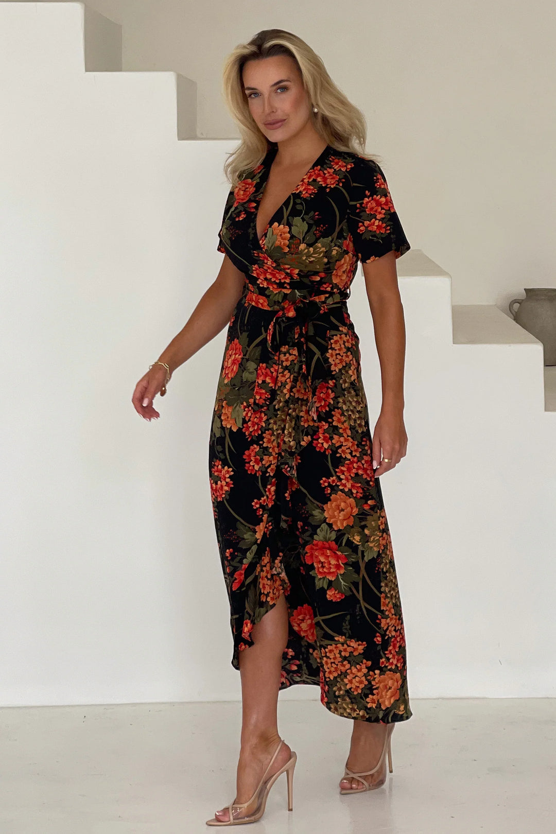 Farrah Black and Orange Floral Frill Wrap Detail Maxi Dress