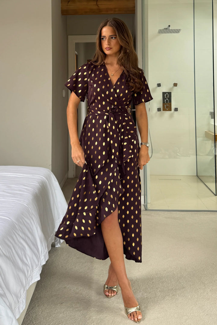 Farren Brown and Gold Foil Wrap Detail Short Sleeve Belted Maxi Dress