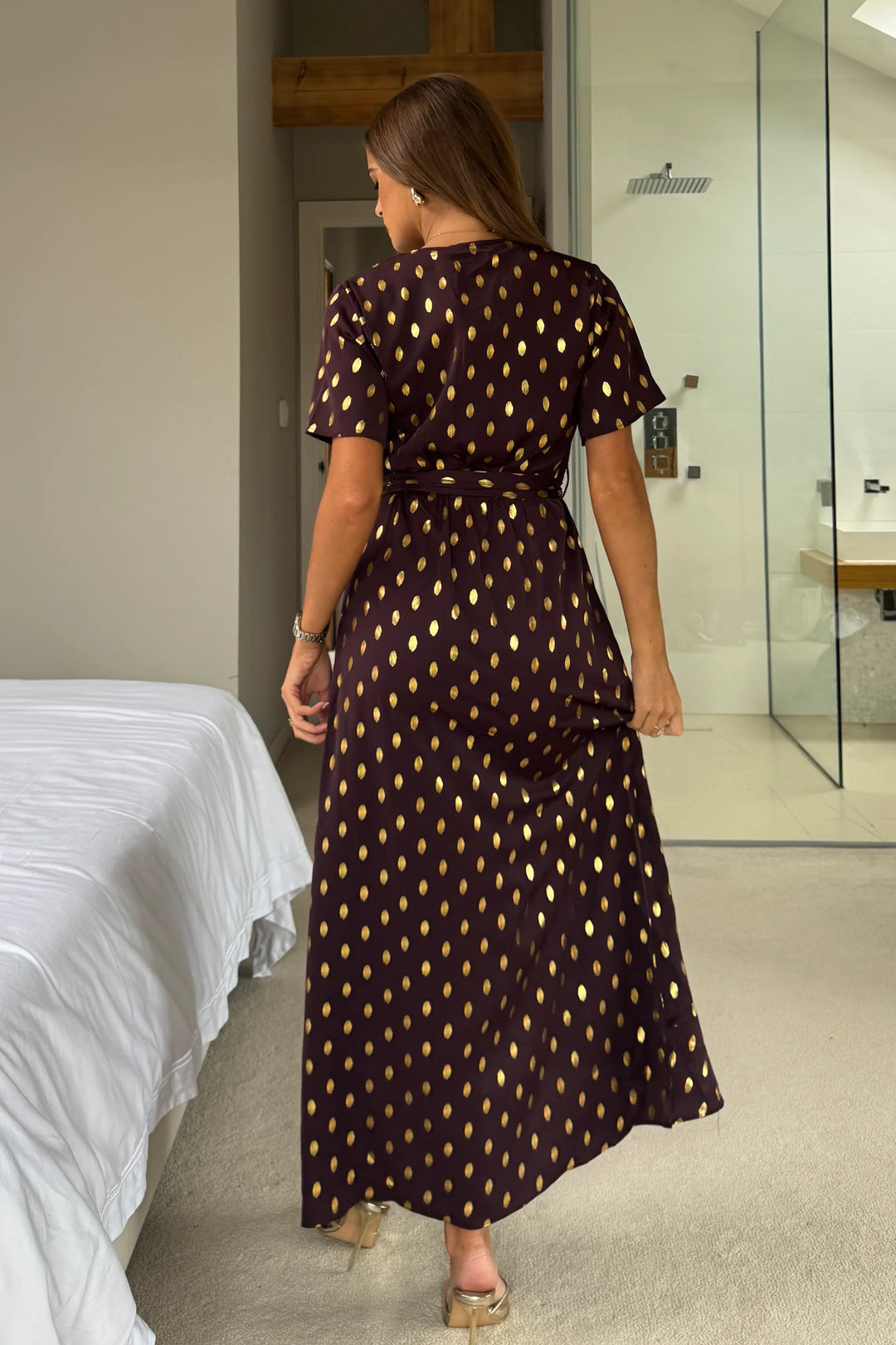 Farren Brown and Gold Foil Wrap Detail Short Sleeve Belted Maxi Dress