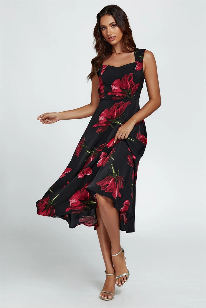 Edie Black & Red Floral Sweetheart Neck Sleeveless Midi Dress