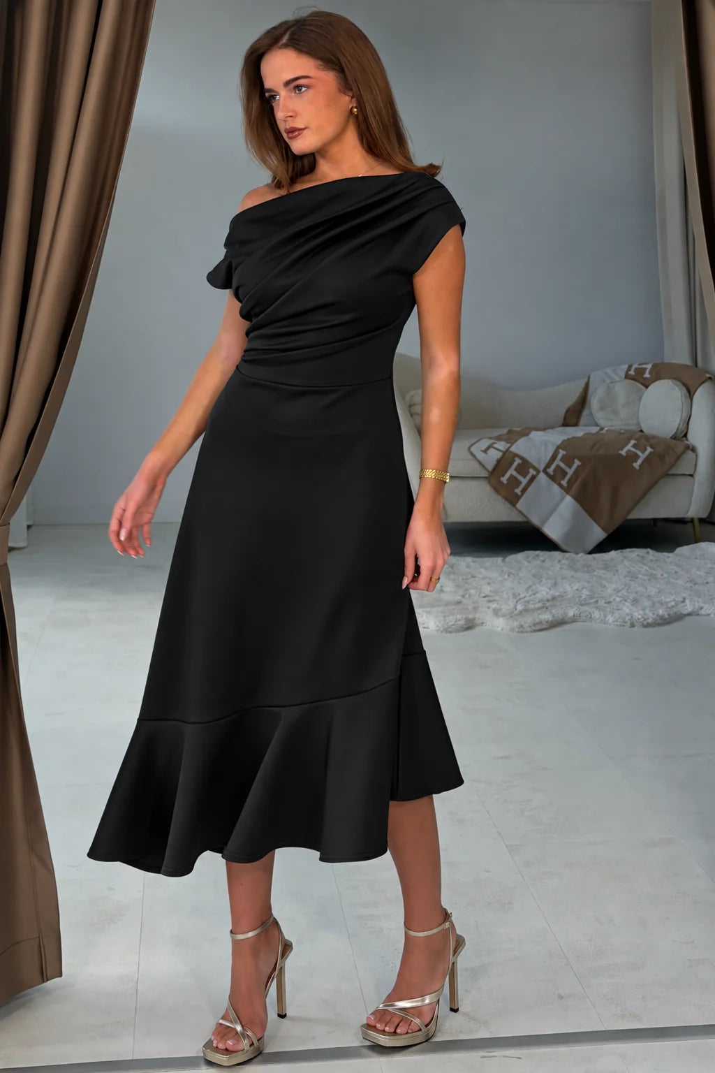 Felicity Black Asymmetric Frill Midi Dress