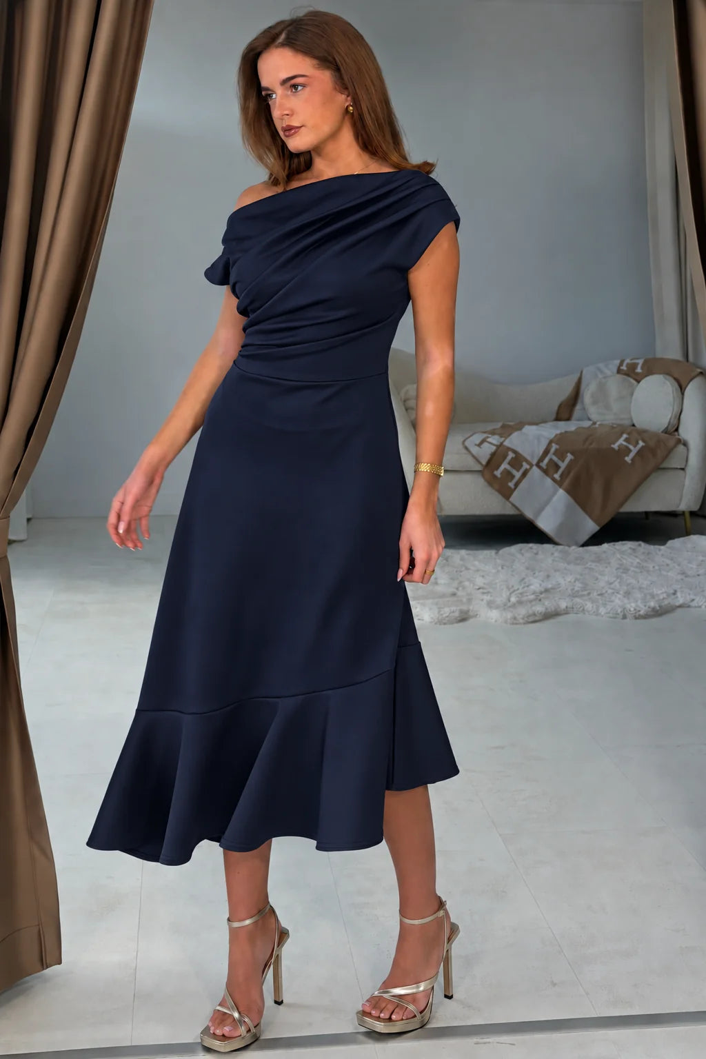 Felicity Navy Asymmetric Frill Midi Dress