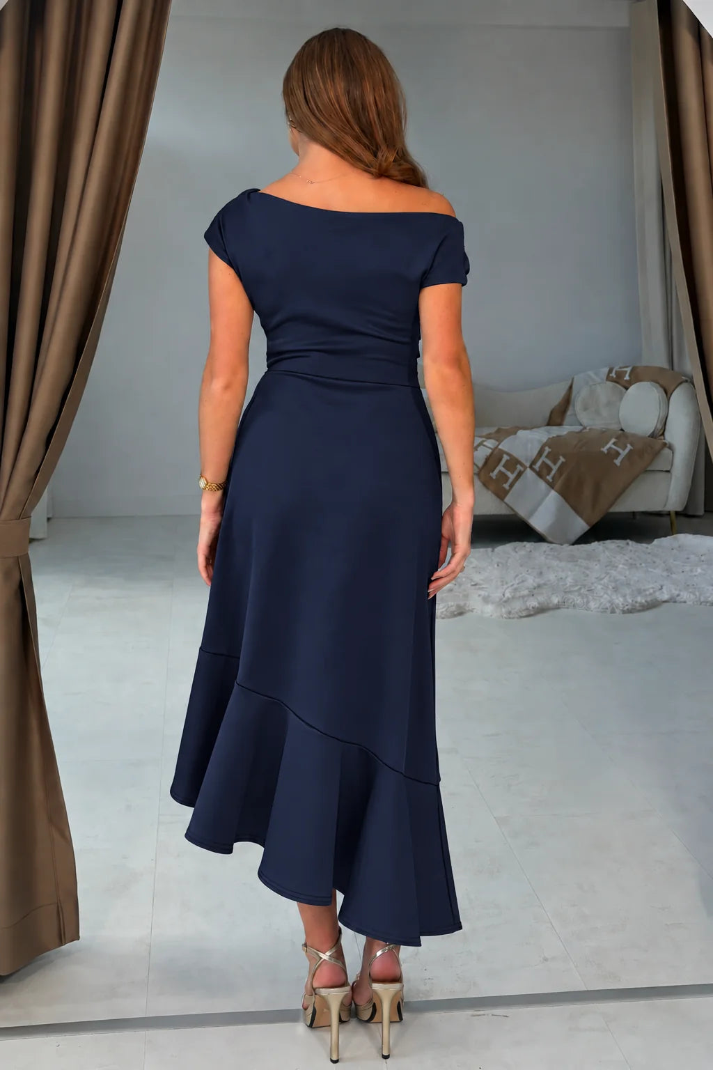 Felicity Navy Asymmetric Frill Midi Dress